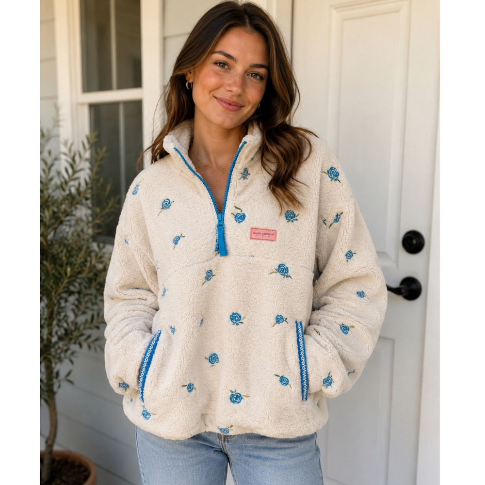 Simply Southern Sherpa Pullover Womens Size Large Coquette Preppy 1/4 Zip NEW